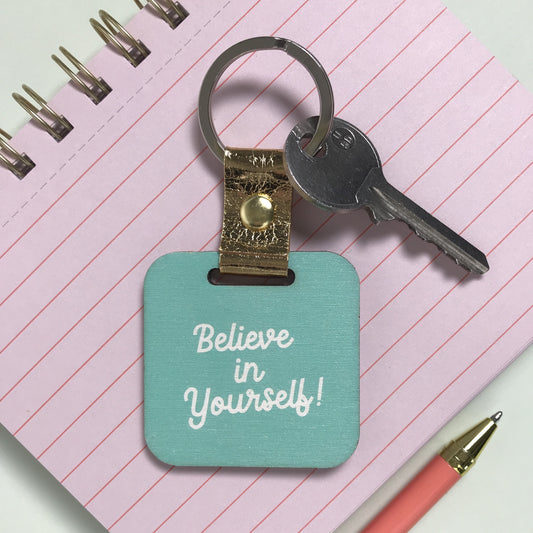 Pink Teal Leopard print Wooden Keyring with message