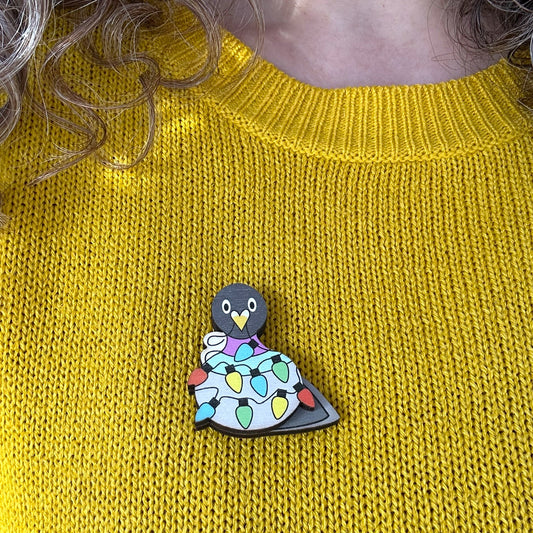 Wooden Pigeon Brooch - Pigeon with Christmas Lights