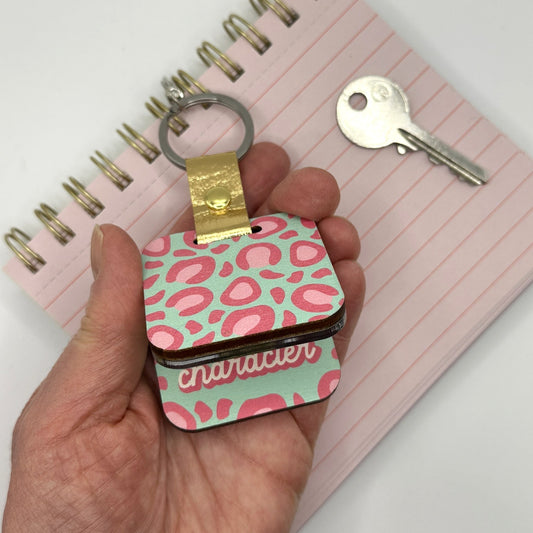 Mint Green and Pink Leopard Print Keychain and Mirror with Hidden Message