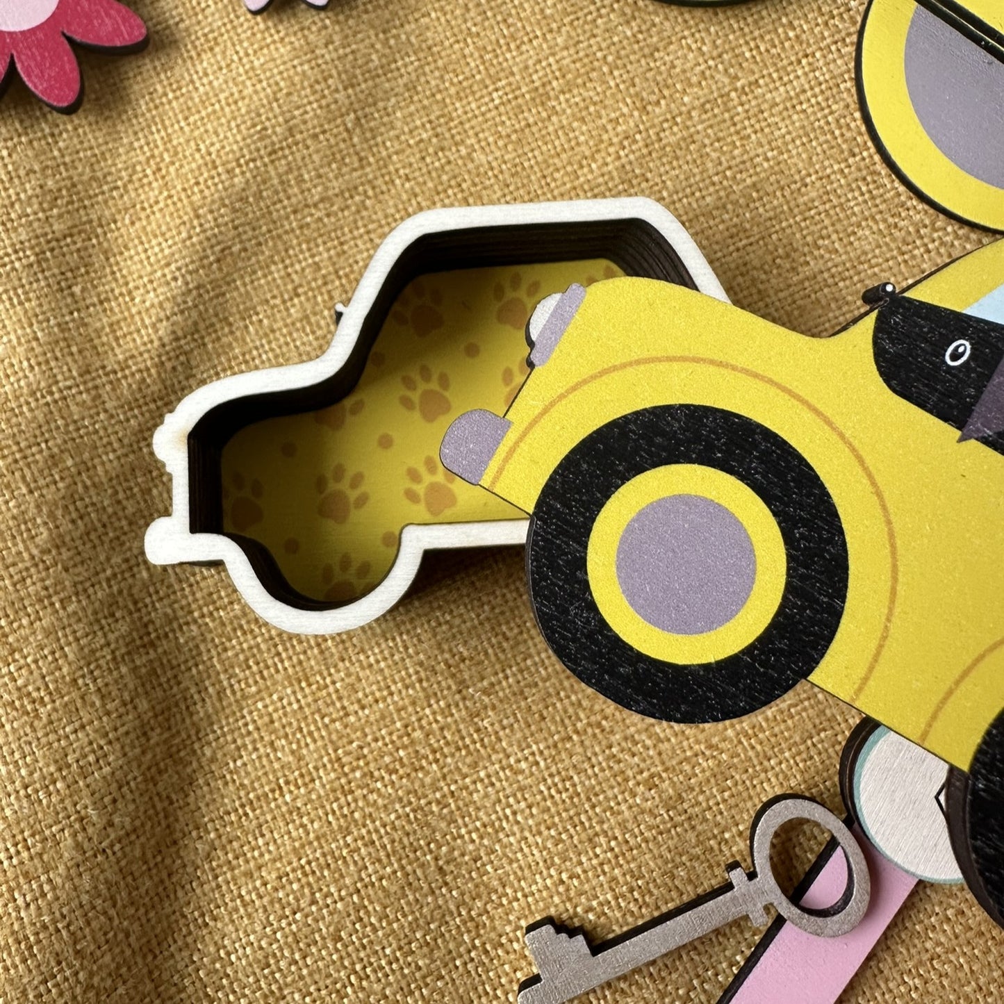 Wooden Trinket Box, Dogs in a Yellow Car