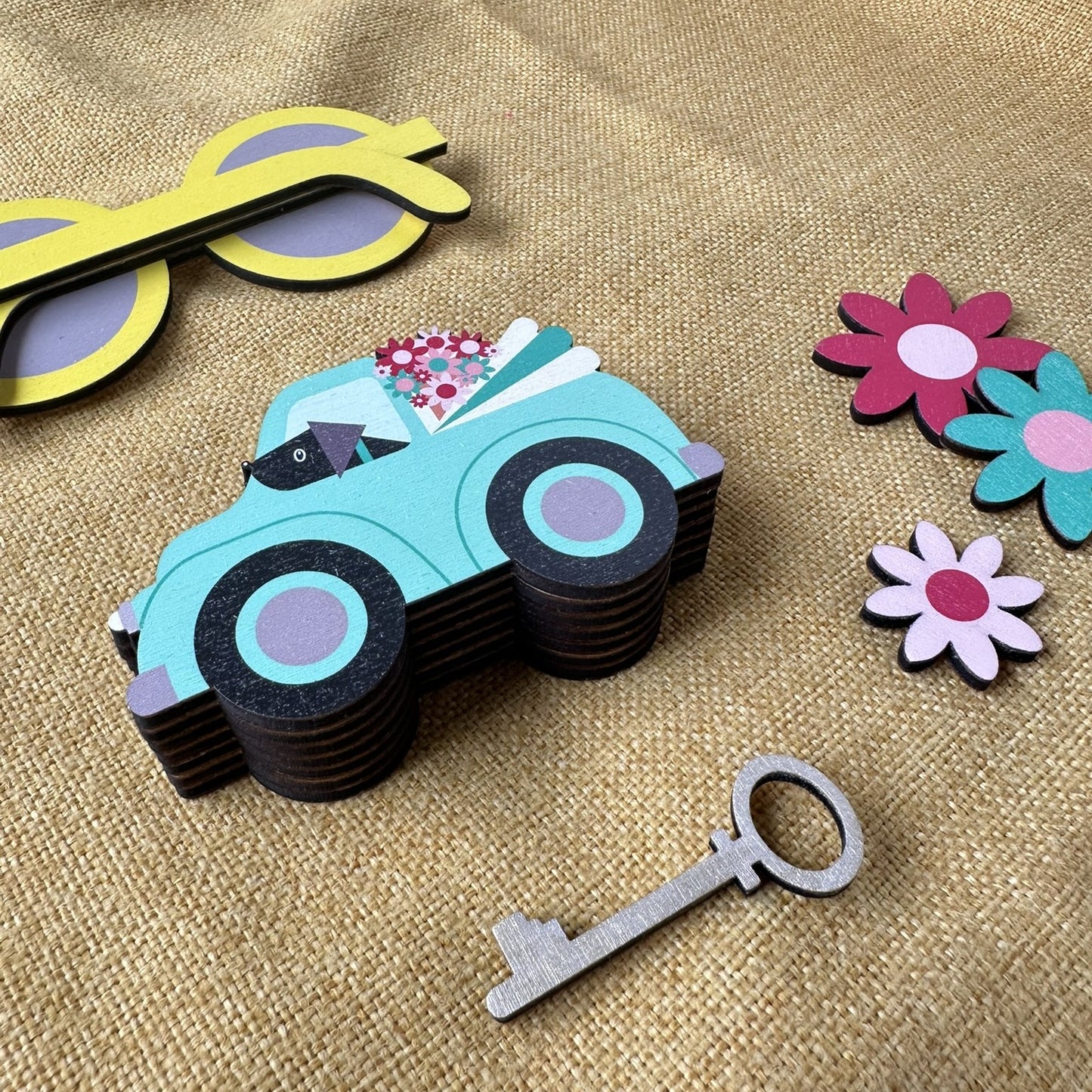 Wooden Trinket Box - Dogs in Teal Car