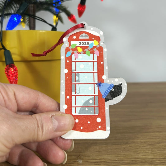 Red Phone Box With Black Labrador Peeking Out - Tree Decoration