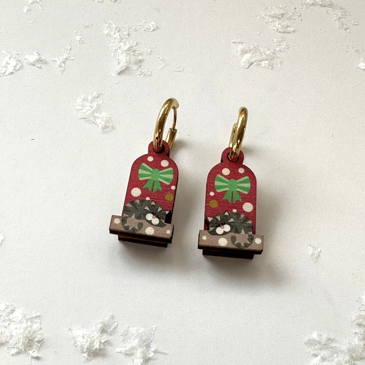 Cute Christmas earrings. Grey Tabby Cat on a Snowy Day