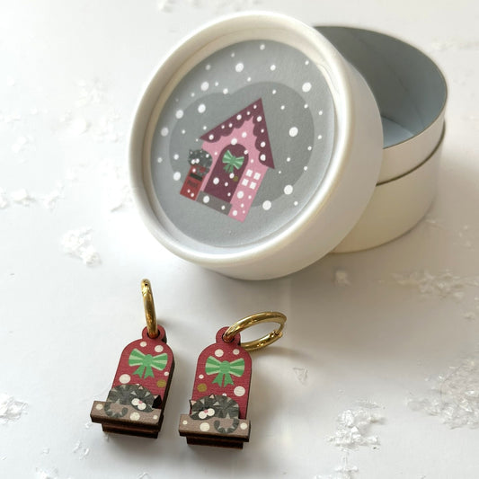 Cute Christmas earrings. Grey Tabby Cat on a Snowy Day