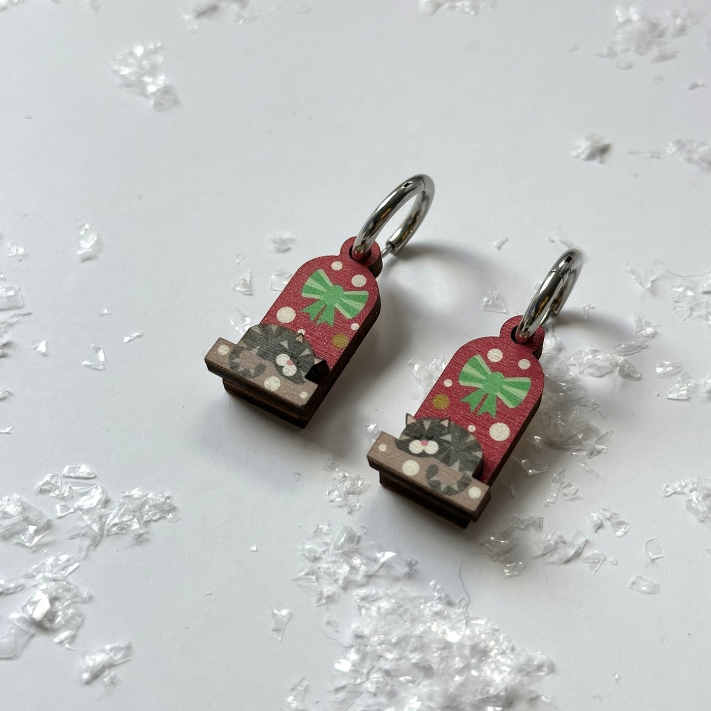 Cute Christmas earrings. Grey Tabby Cat on a Snowy Day