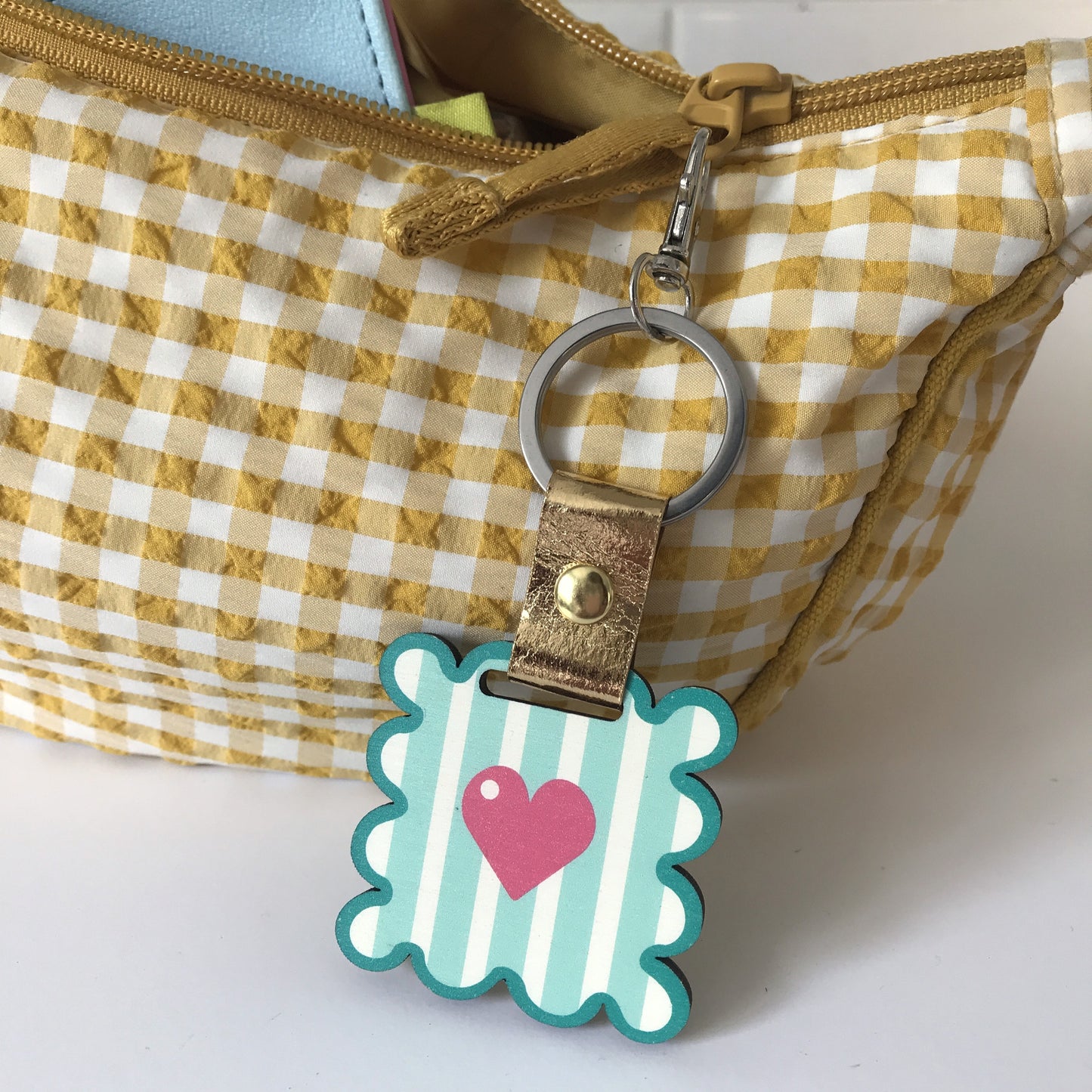 Personalised Teal Wavy Frame Wooden Keychain or Bag Charm
