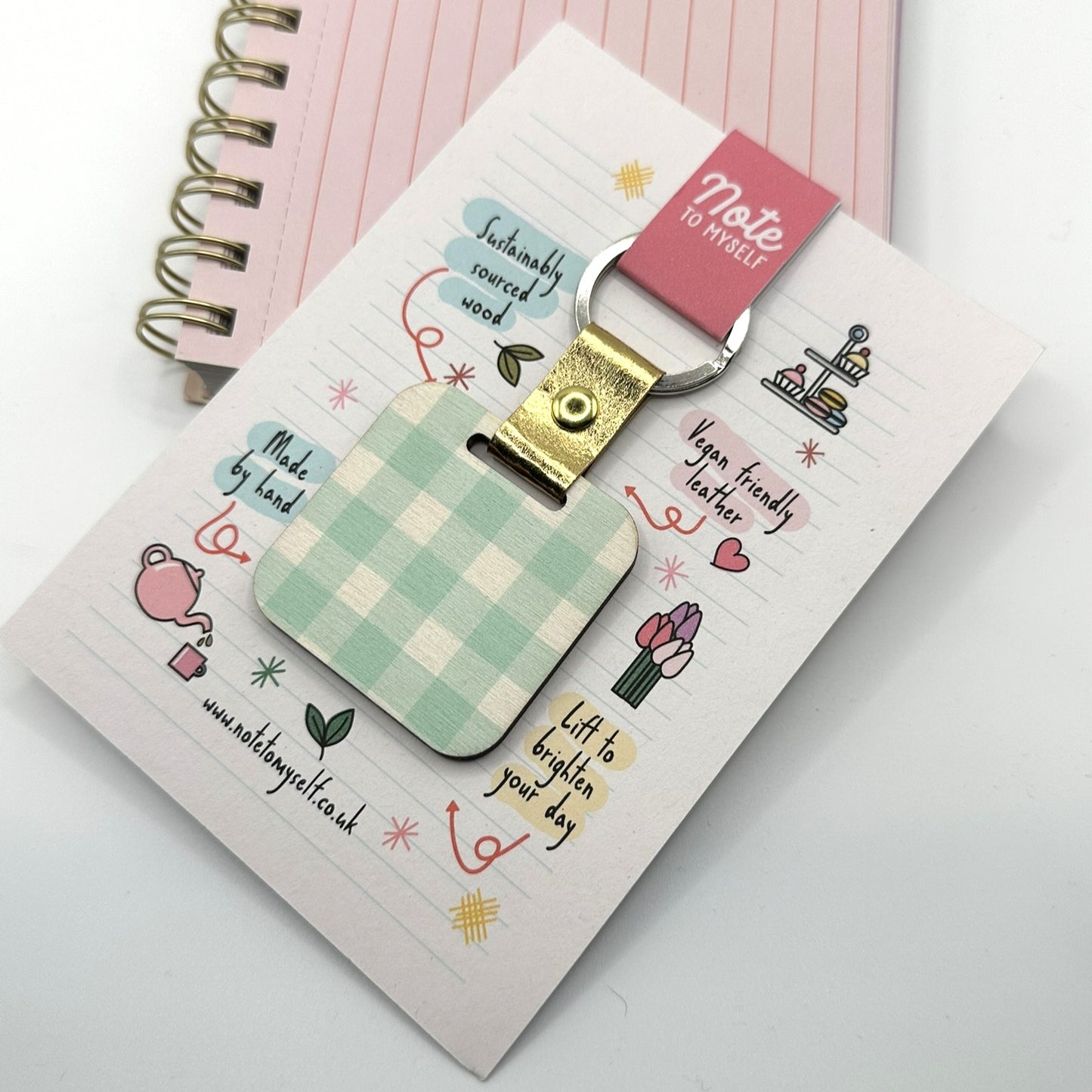 Teal Gingham Wooden Keyring