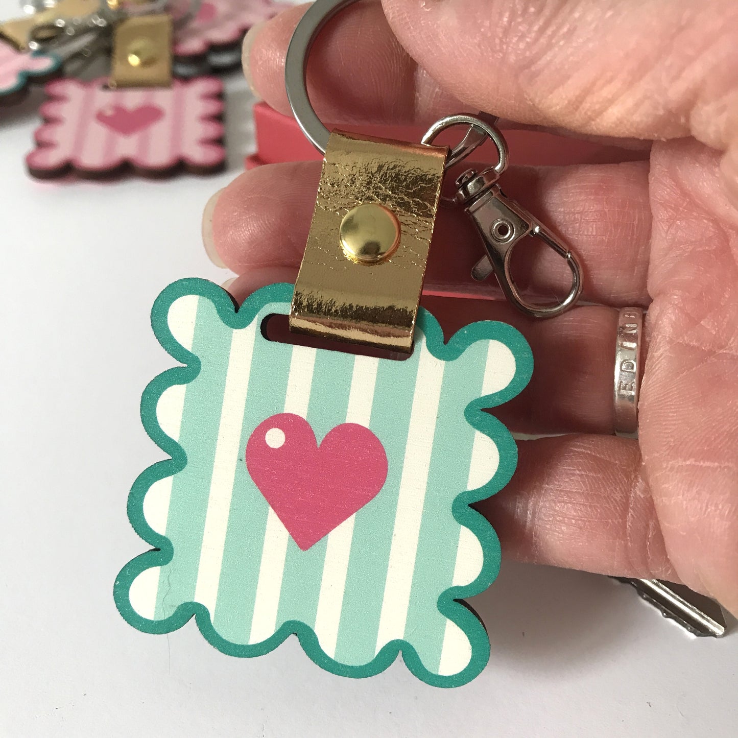 Personalised Teal Wavy Frame Wooden Keychain or Bag Charm