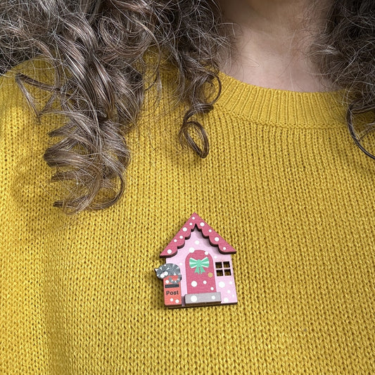 Cosy Pink Winter Cottage Wooden Brooch, Fun Winter Accessory