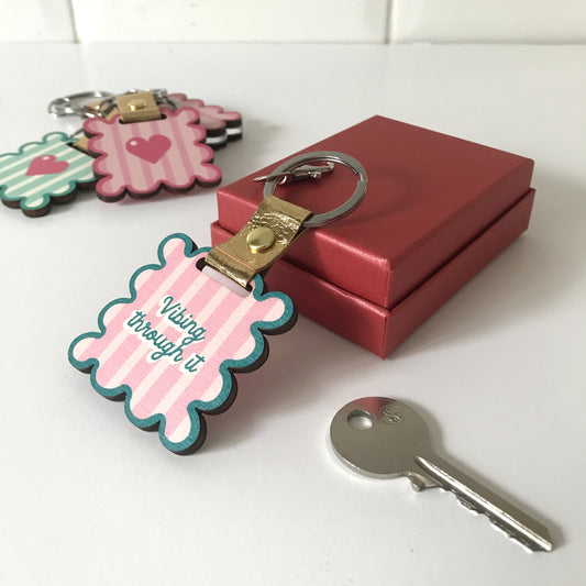 Custom Pink and Teal Wavy Frame Wooden Keychain/Bag Charm