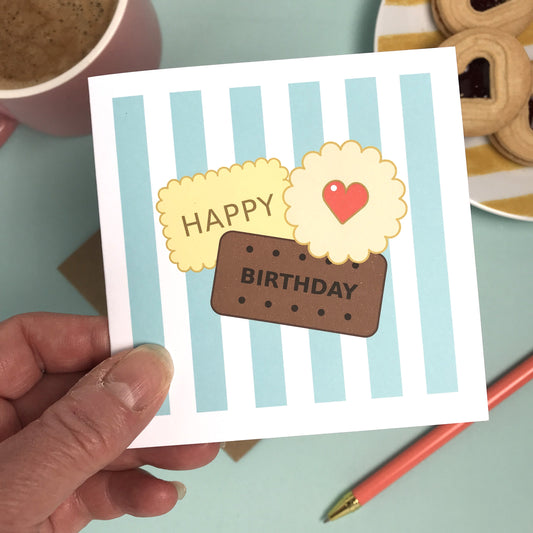 Happy Birthday Biscuit Card – Pastel Teal Stripe