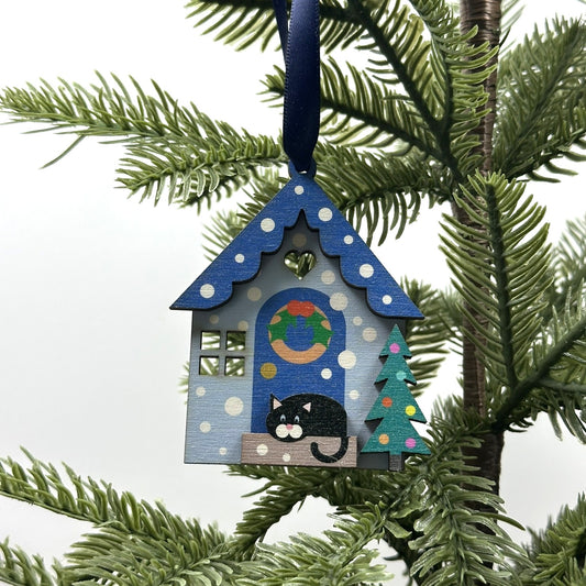 Blue Snowy Day Wooden Christmas Decoration, with Cute Black Cat
