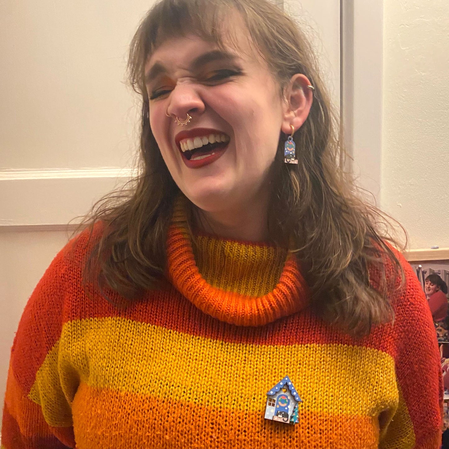 Festive Christmas Earrings, Cute black cat on a Snowy day