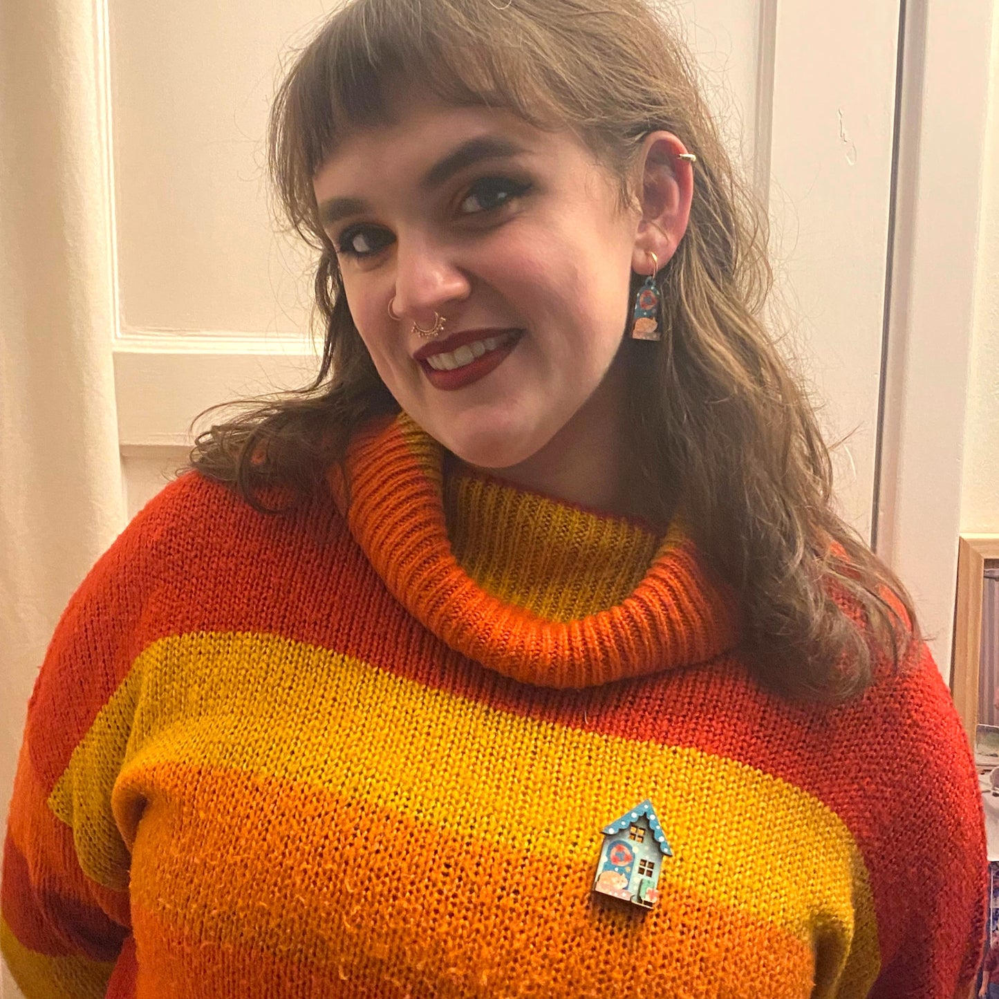 Christmas Earrings. Festive Door with Cute Ginger Cat in the Snow