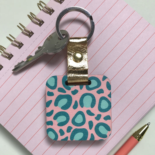 Pink Teal Leopard print Keyring with Mirror