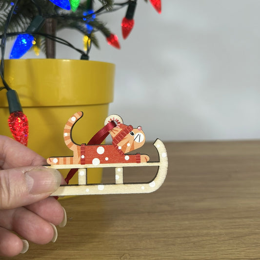 Ginger Tabby Cat on a Christmas Sledge - Tree Decoration