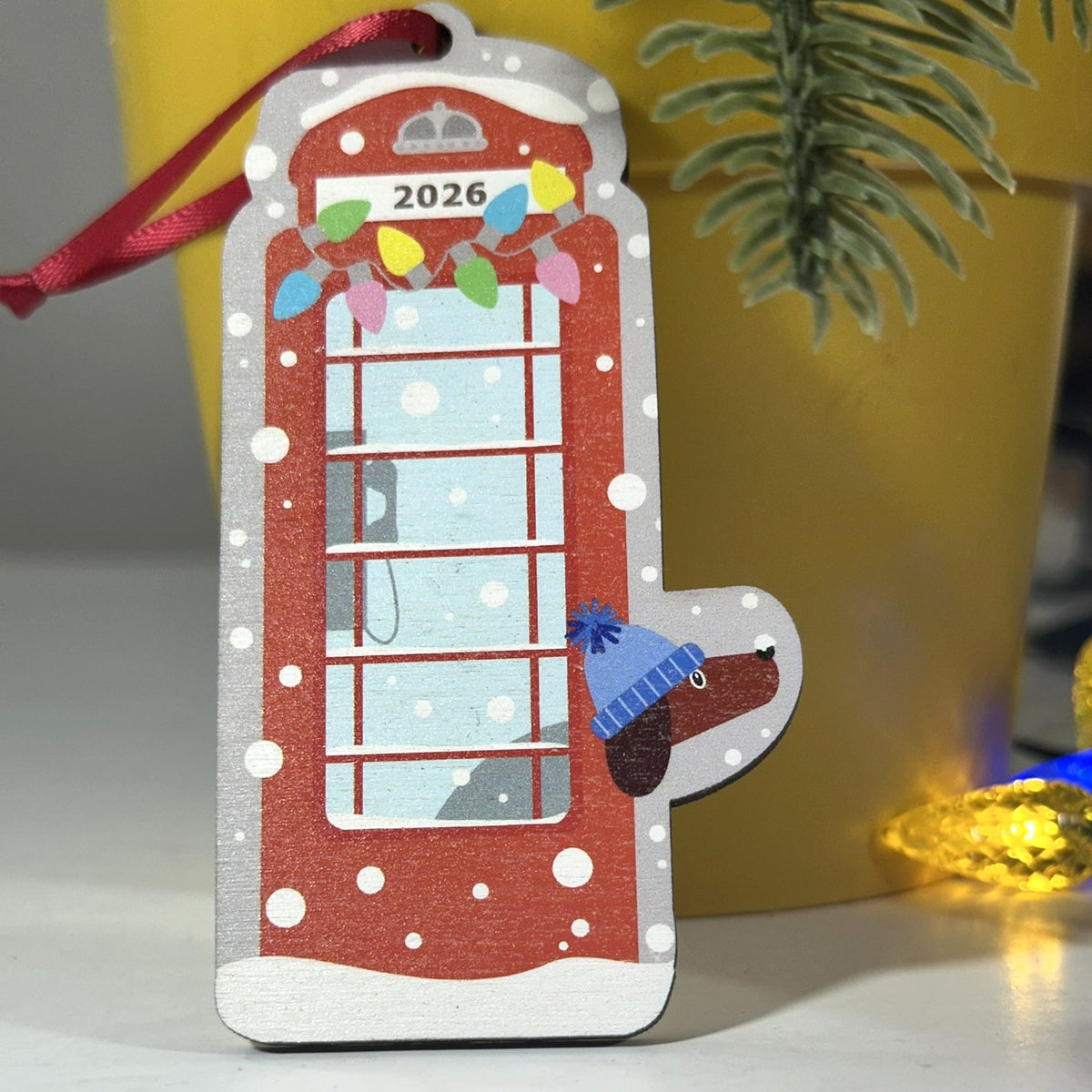 Personalised Red Phone Box With a Dog Peeking Out - Tree Decoration