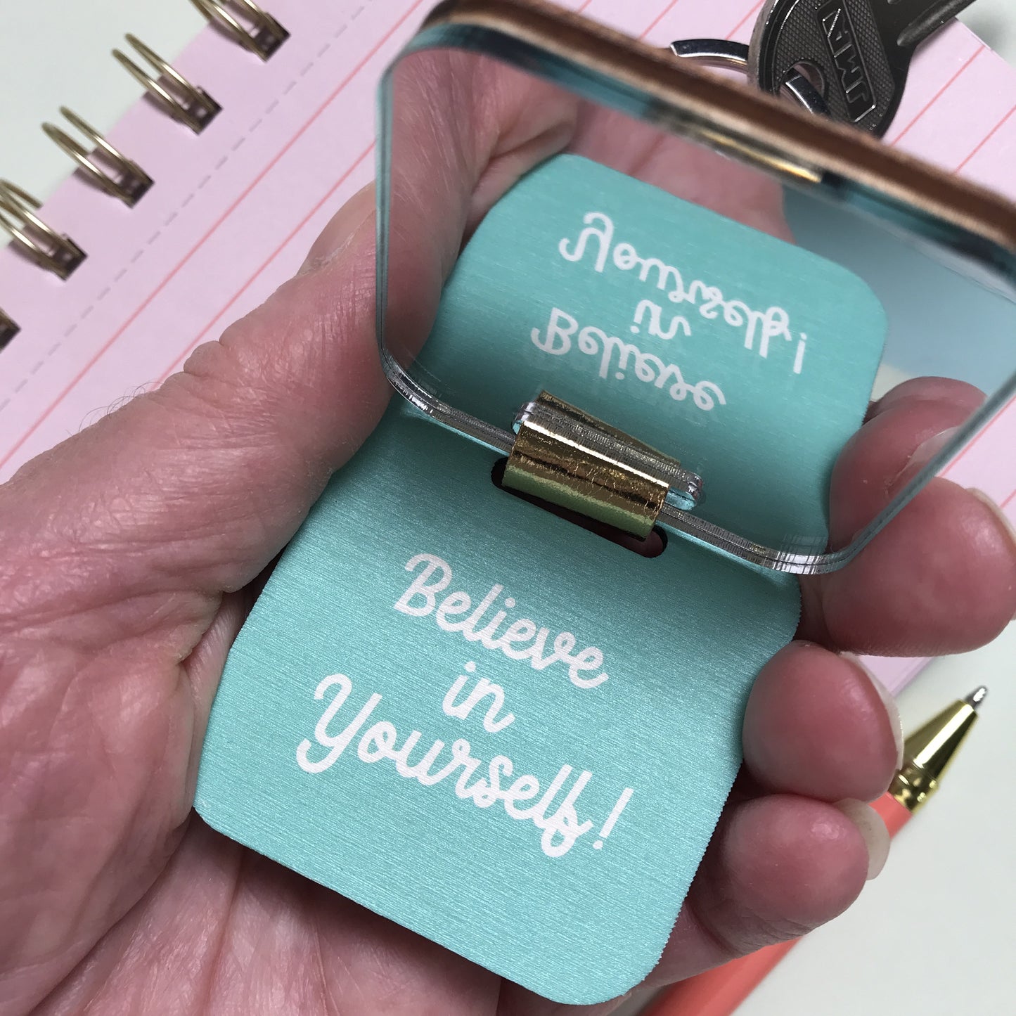 Pink Teal Leopard print Keyring with Mirror