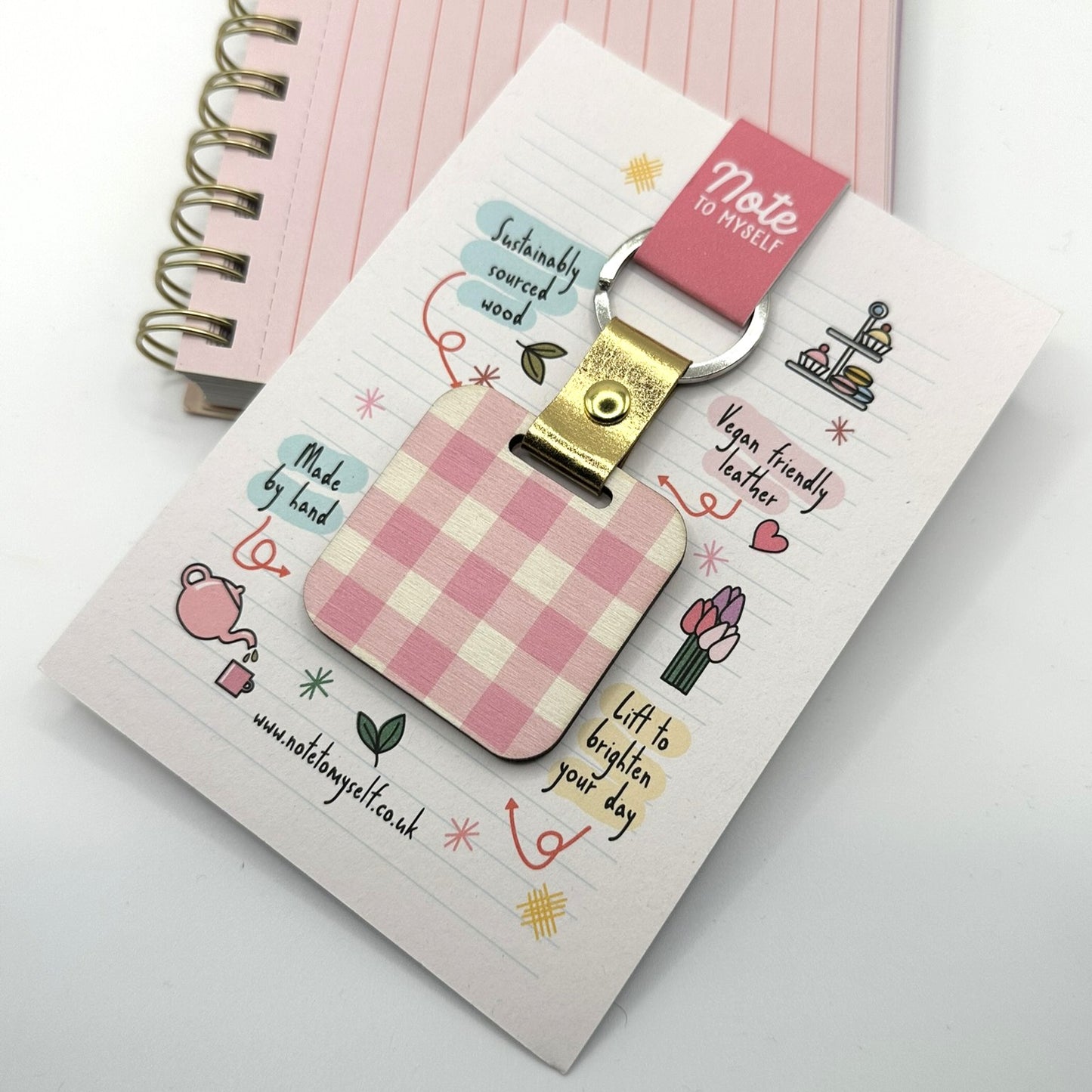 Pink Gingham Wooden Keyring