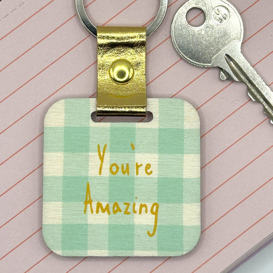 Teal Gingham Wooden Keyring