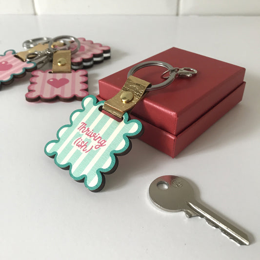 Personalised Teal Wavy Frame Wooden Keychain or Bag Charm