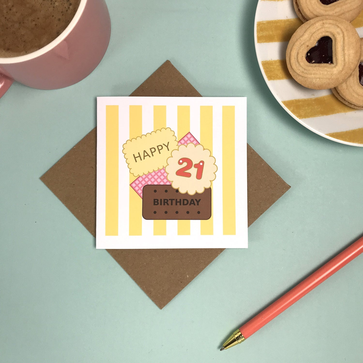 A colourful card for a 21st birthday with a biscuit theme