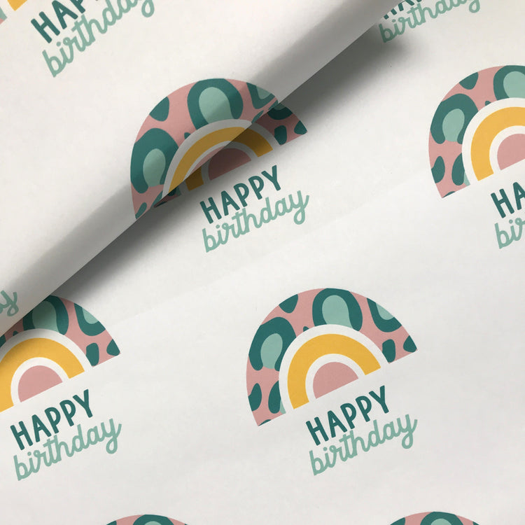 Birthday wrapping paper with a fun leopard print rainbow