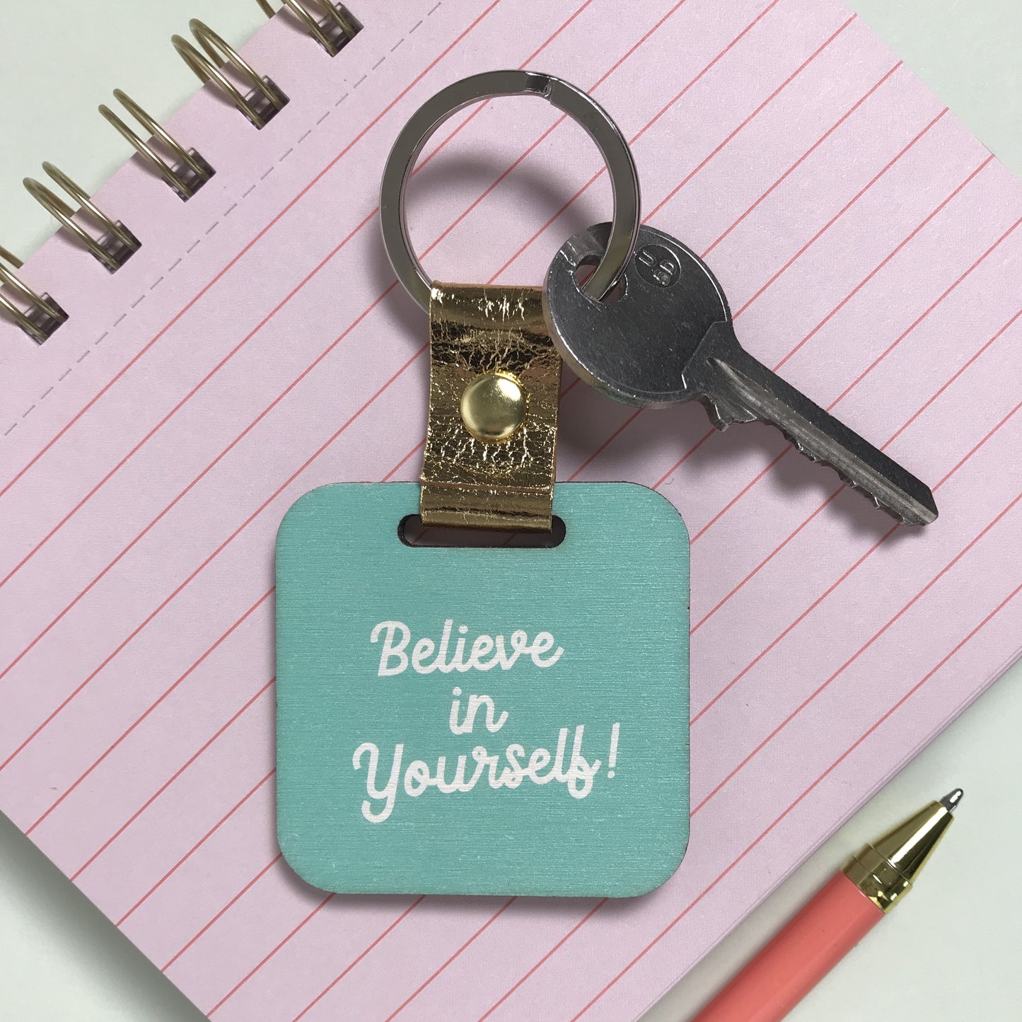 Pink Teal Leopard print Wooden Keyring with message
