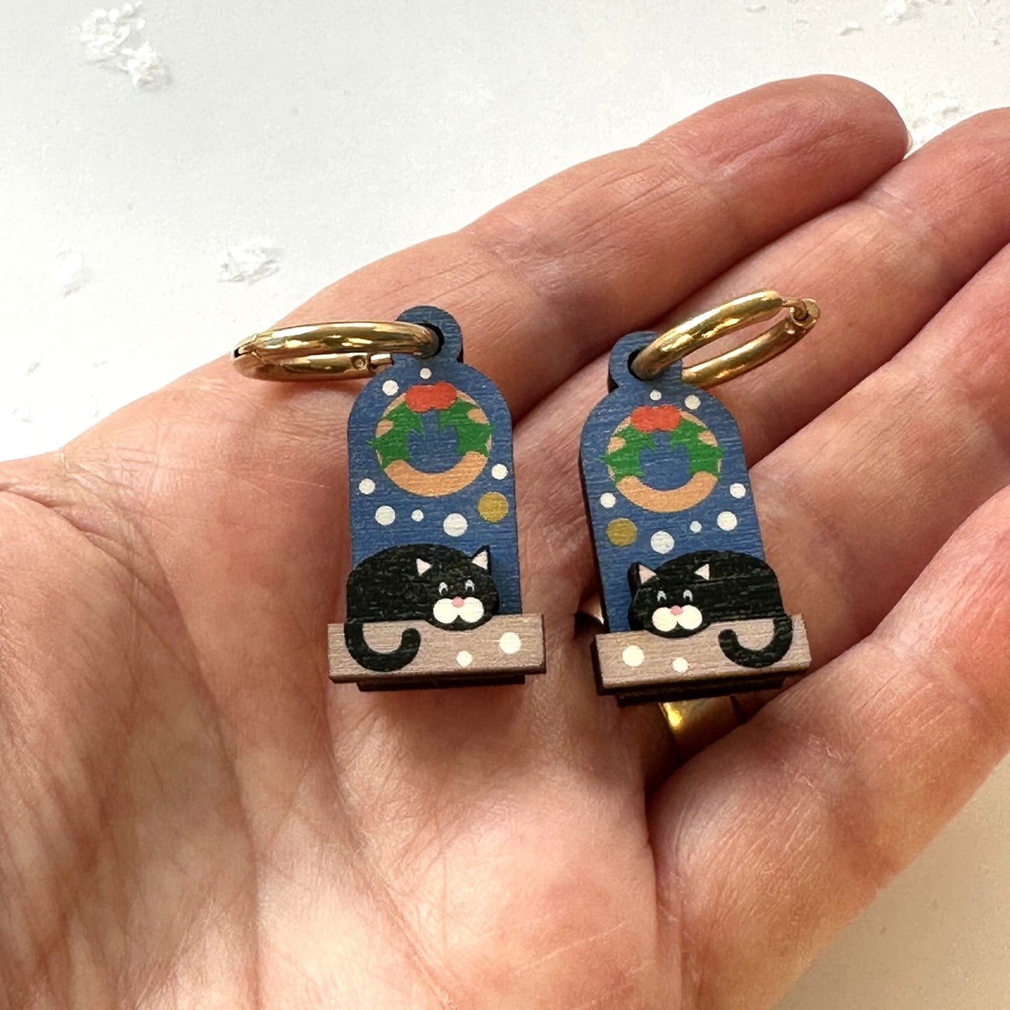 Festive Christmas Earrings, Cute black cat on a Snowy day