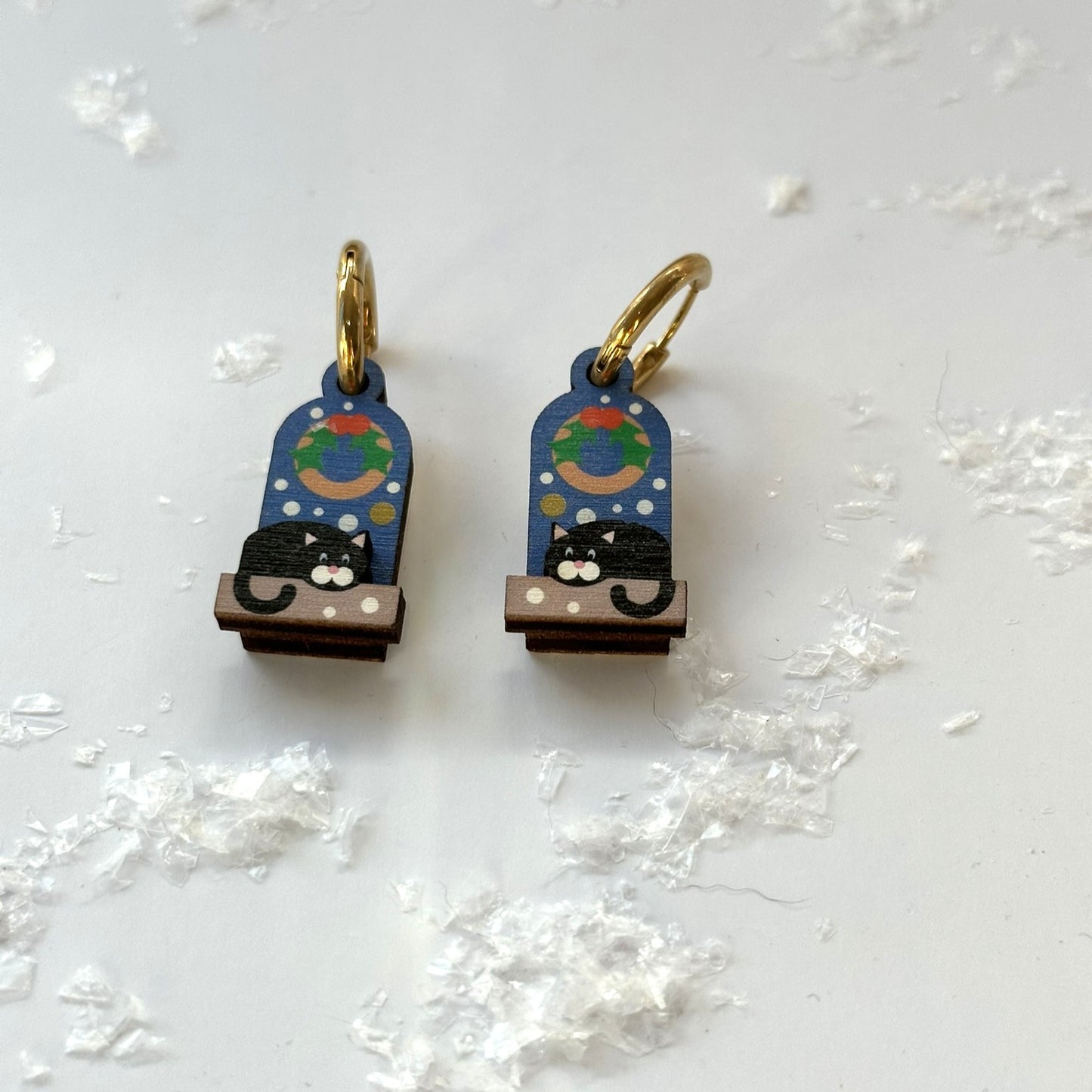 Festive Christmas Earrings, Cute black cat on a Snowy day