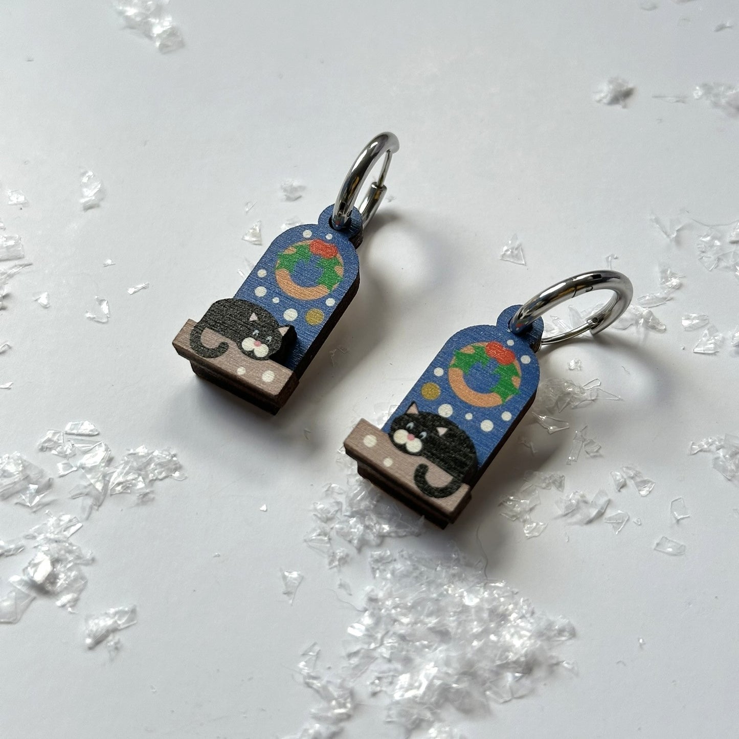 Festive Christmas Earrings, Cute black cat on a Snowy day