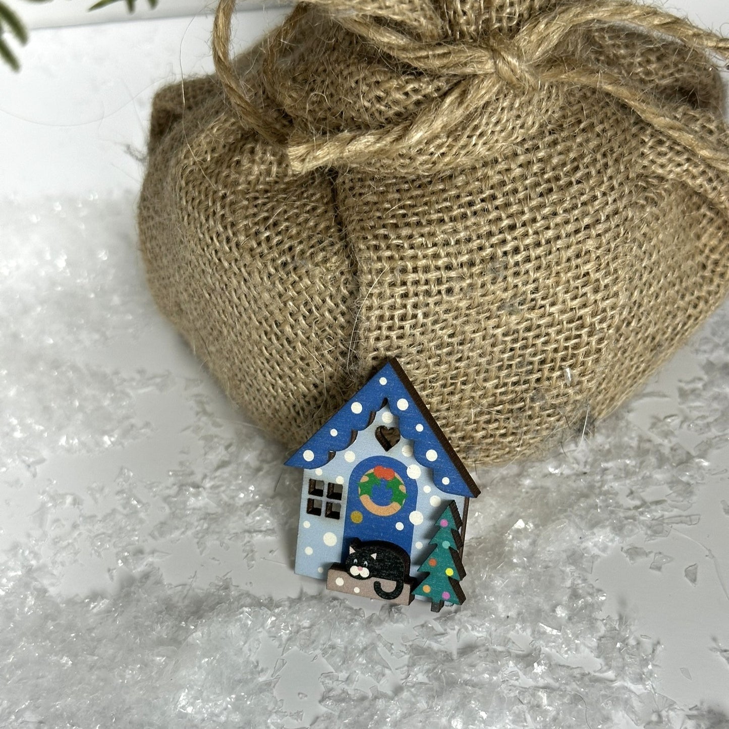 Blue Christmas House Wooden Brooch. Cute Winter Accessory
