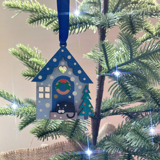 Blue Snowy Day Wooden Christmas Decoration, with Cute Black Cat