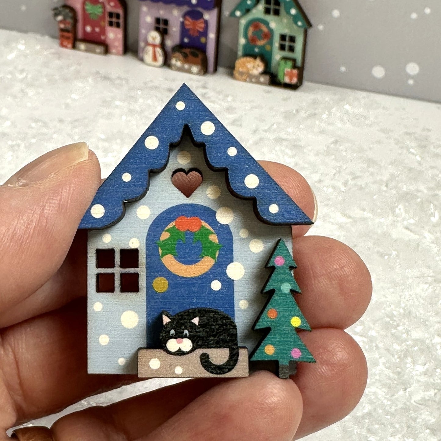 Blue Christmas House Wooden Brooch. Cute Winter Accessory