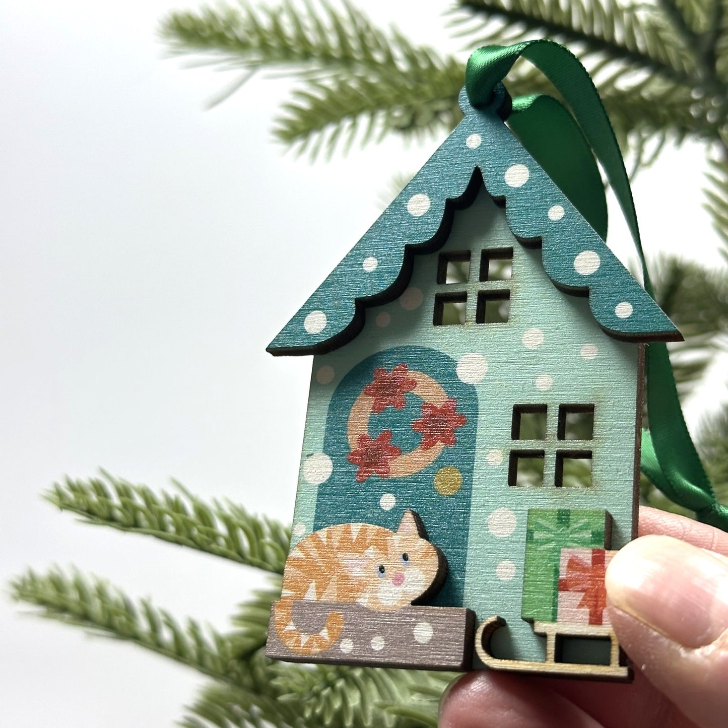 Green Snowy Day Christmas Decoration, with Cute Ginger Cat