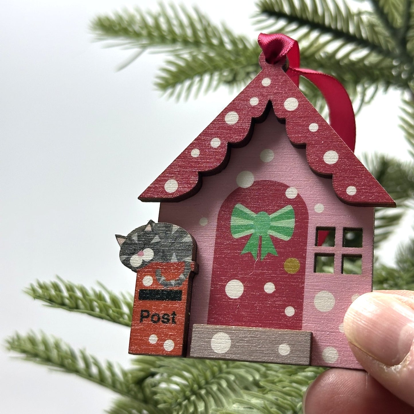 Red Snowy Day Christmas House Decoration, with Cute Grey Tabby Cat