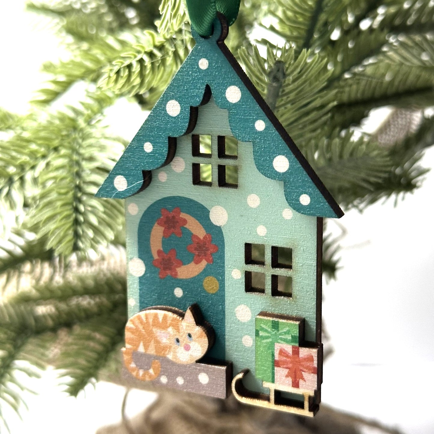 Green Snowy Day Christmas Decoration, with Cute Ginger Cat
