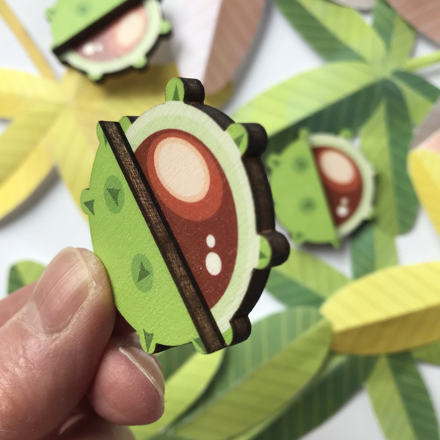 Wooden Conker Brooch - Colourful Nature Inspired Jewellery