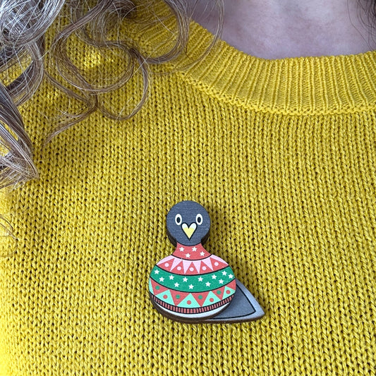 Wooden Pigeon Brooch - Pigeon in a Christmas Fair Isle Jumper