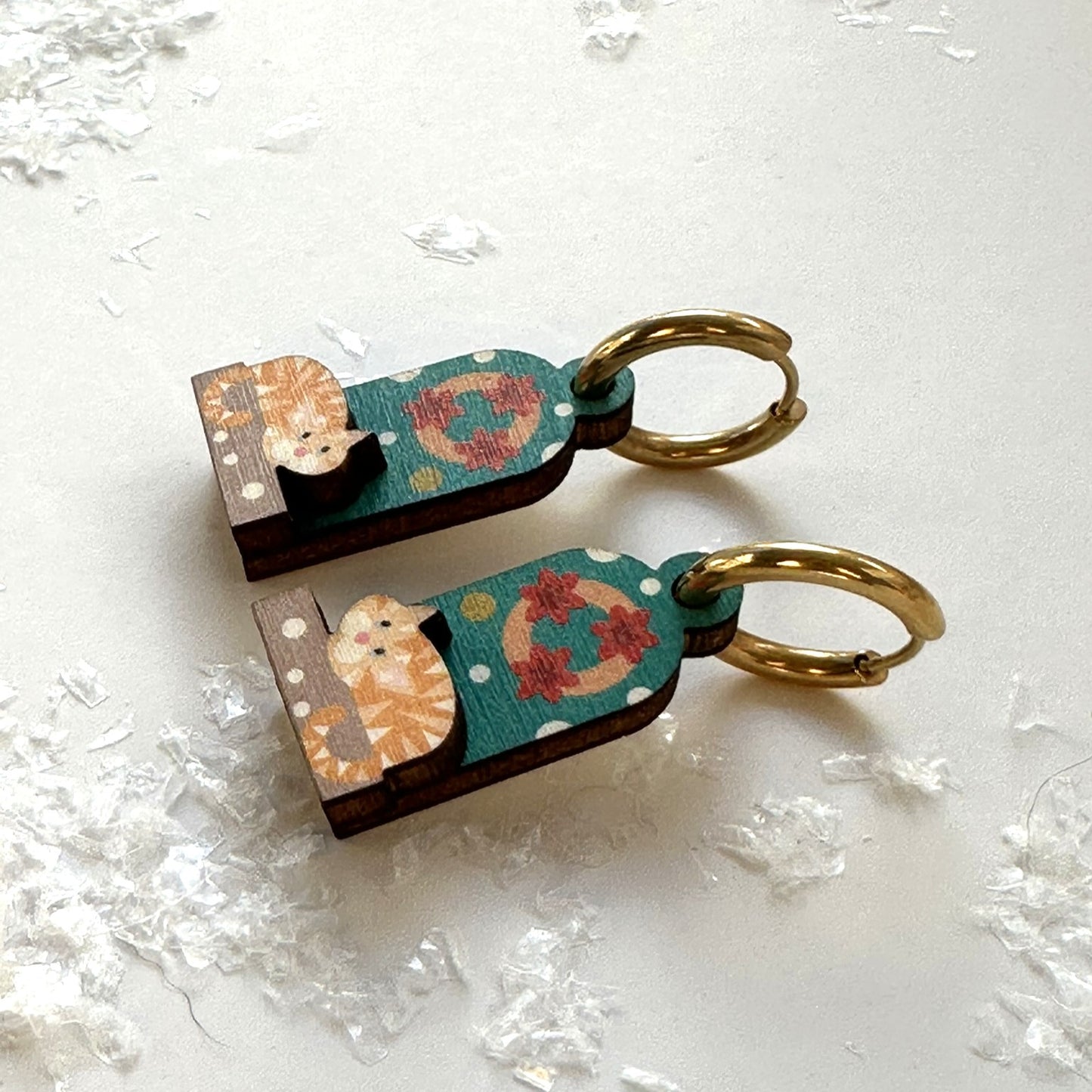 Christmas Earrings. Festive Door with Cute Ginger Cat in the Snow