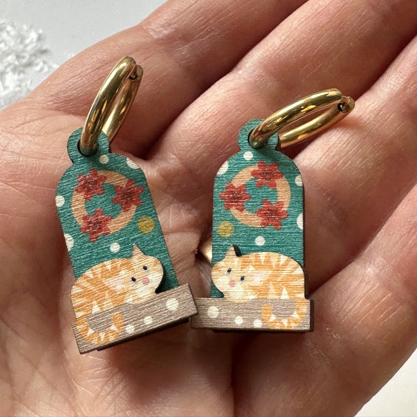 Christmas Earrings. Festive Door with Cute Ginger Cat in the Snow