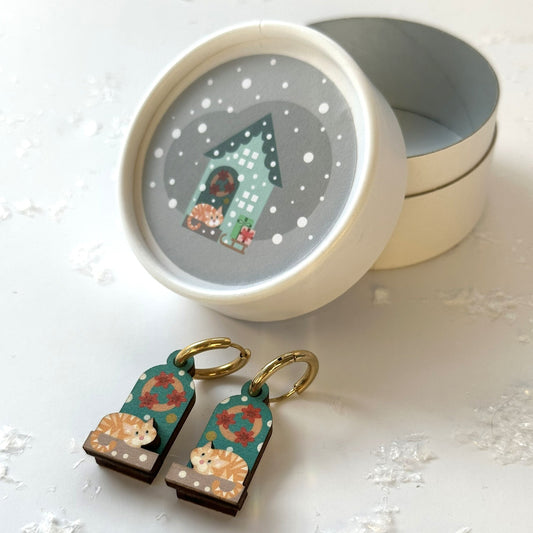 Christmas Earrings. Festive Door with Cute Ginger Cat in the Snow