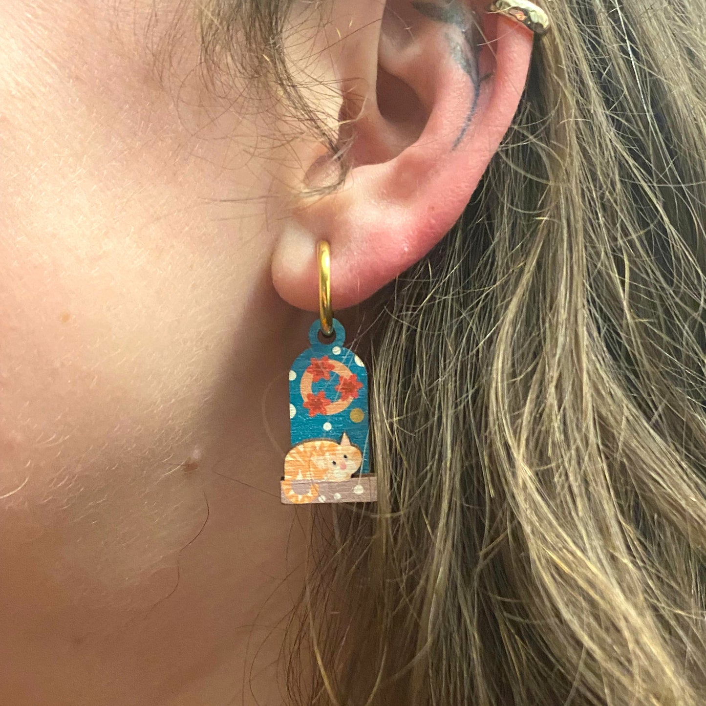 Christmas Earrings. Festive Door with Cute Ginger Cat in the Snow