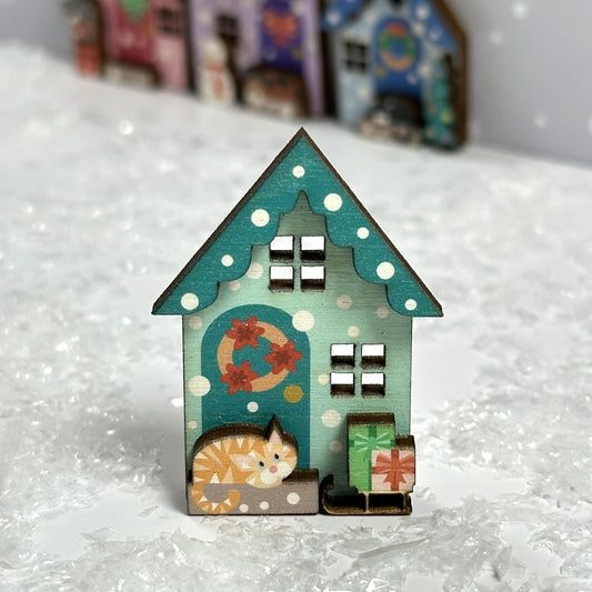 Green Winter Cottage Wooden Pin. Delightful Winter Accessory