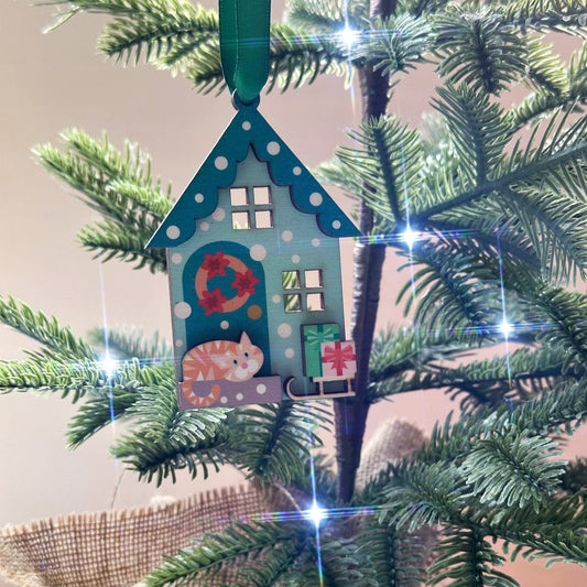 Green Snowy Day Christmas Decoration, with Cute Ginger Cat