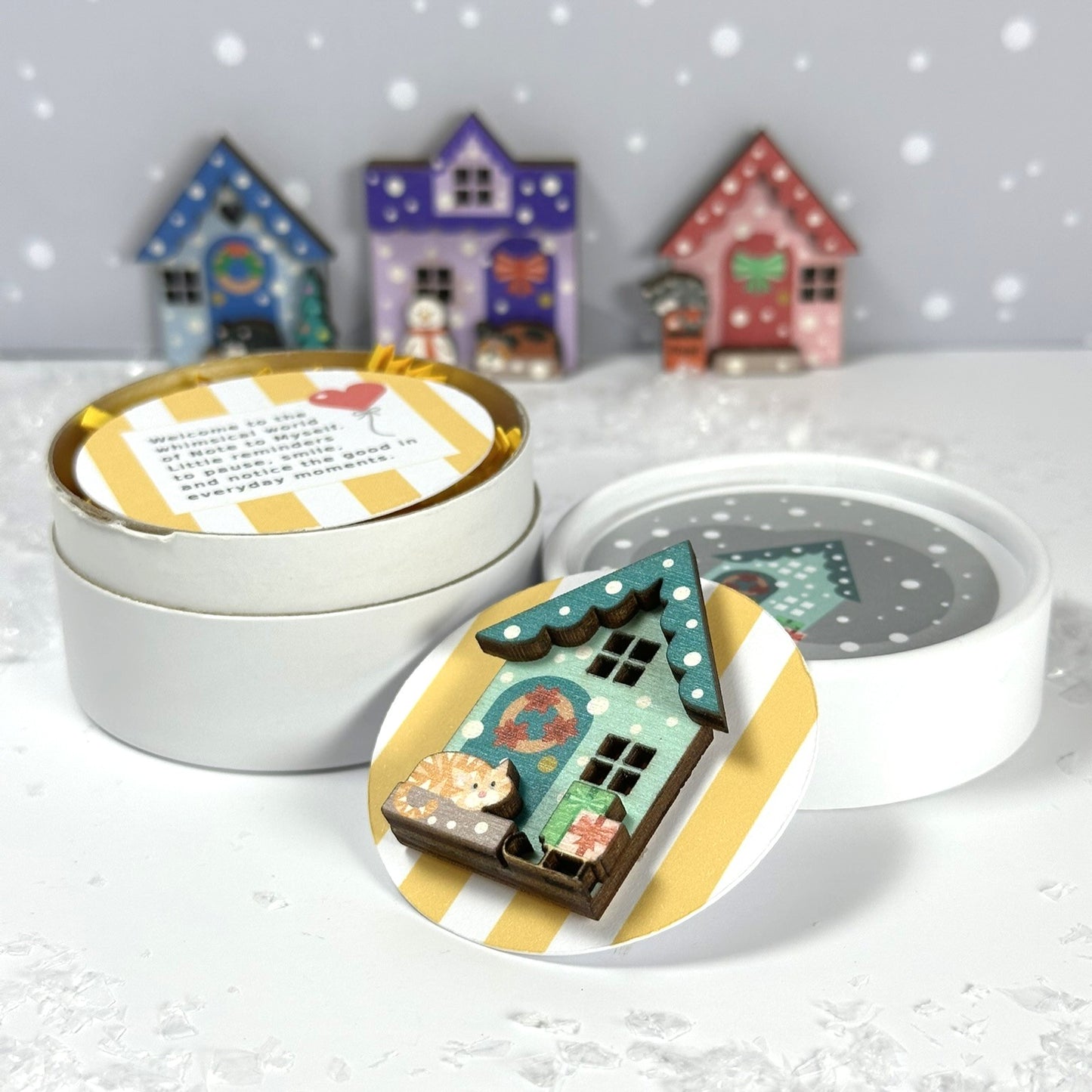 Green Winter Cottage Wooden Pin. Delightful Winter Accessory