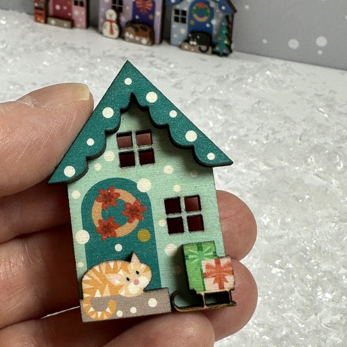 Green Winter Cottage Wooden Pin. Delightful Winter Accessory
