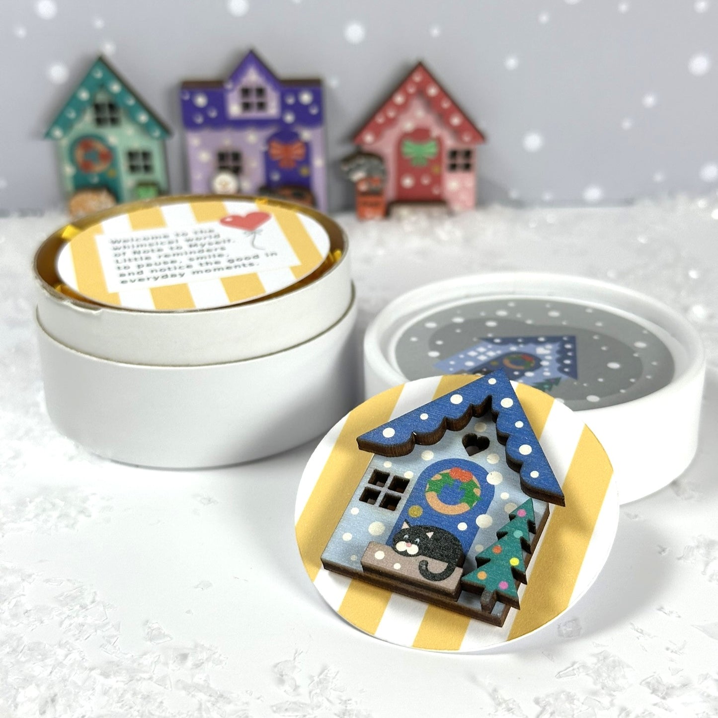 Blue Christmas House Wooden Brooch. Cute Winter Accessory