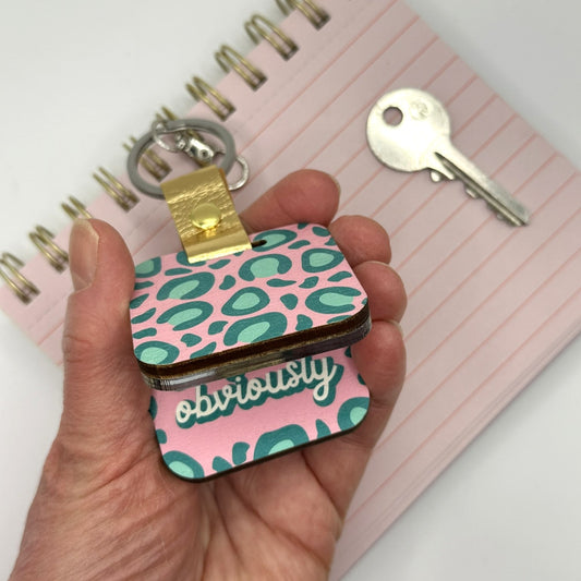 Pink and Teal Leopard Print Keychain and Mirror With Hidden Message