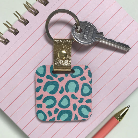 Pink Teal Leopard print Wooden Keyring with message